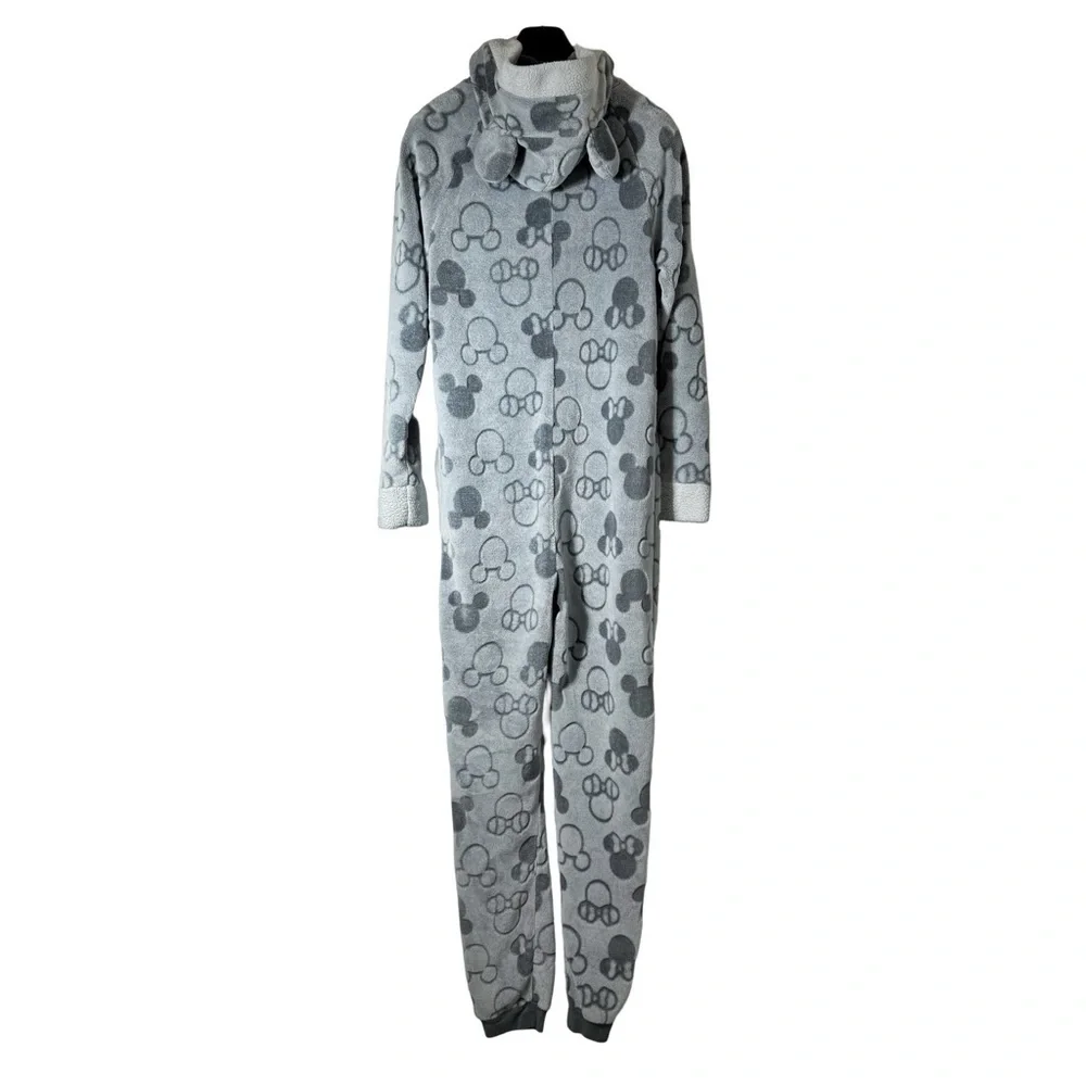 DISNEY Women's Grey Onesie Mickey Pattern Fleece Trimming Mickey Ears Hood M - Picture 2 of 8